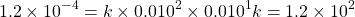 \[1.2\times 10^{-4} = k\times 0.010^2 \times 0.010^1 k = 1.2\times 10^2\]