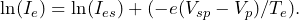 \begin{equation*} \ln(I_e) = \ln (I_{es}) + (-e(V_{sp}-V_p)/T_e).\end{equation*}