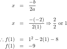 \begin{array}{rll} x&=&\dfrac{-b}{2a} \\ \\ x&=& \dfrac{-(-2)}{2(1)}\Rightarrow \dfrac{2}{2}\text{ or }1 \\ \\ \therefore f(1)&=&1^2-2(1)-8 \\ \phantom{\therefore}f(1)&=&-9 \end{array}