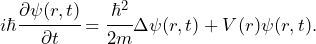 \begin{equation*} i\hbar \cfrac{\partial\psi(r,t)}{\partial t}=\cfrac{\hbar^2}{2m}\Delta\psi (r,t) + V(r)\psi (r,t).\end{equation*}