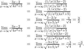 \begin{array}{ccc}\hfill \underset{x\to \infty }{\text{lim}}\frac{3x-2}{\sqrt{4{x}^{2}+5}}& =\hfill & \underset{x\to \infty }{\text{lim}}\frac{(1\text{/}|x|)(3x-2)}{(1\text{/}|x|)\sqrt{4{x}^{2}+5}}\hfill \\ & =\hfill & \underset{x\to \infty }{\text{lim}}\frac{(1\text{/}x)(3x-2)}{\sqrt{(1\text{/}{x}^{2})(4{x}^{2}+5)}}\hfill \\ & =\hfill & \underset{x\to \infty }{\text{lim}}\frac{3-2\text{/}x}{\sqrt{4+5\text{/}{x}^{2}}}=\frac{3}{\sqrt{4}}=\frac{3}{2}\hfill \\ \hfill \underset{x\to \text{−}\infty }{\text{lim}}\frac{3x-2}{\sqrt{4{x}^{2}+5}}& =\hfill & \underset{x\to \text{−}\infty }{\text{lim}}\frac{(1\text{/}|x|)(3x-2)}{(1\text{/}|x|)\sqrt{4{x}^{2}+5}}\hfill \\ & =\hfill & \underset{x\to \text{−}\infty }{\text{lim}}\frac{(-1\text{/}x)(3x-2)}{\sqrt{(1\text{/}{x}^{2})(4{x}^{2}+5)}}\hfill \\ & =\hfill & \underset{x\to \text{−}\infty }{\text{lim}}\frac{-3+2\text{/}x}{\sqrt{4+5\text{/}{x}^{2}}}=\frac{-3}{\sqrt{4}}=\frac{-3}{2}.\hfill \end{array}