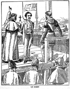 A drawing of Louis Riel standing at the gallows, a noose around his neck