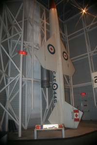 A missile with Canadian flag emblems on display in a museum