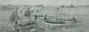 Drawing of men paddling boats through water