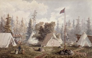 Art depicting tents among trees with the Union Jack flag waving on a pole