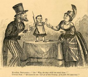 Comic of an armed baby, "Canada" written on his shirt, with Uncle Sam and Mother Britannia flanking