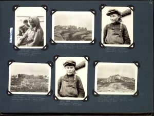 Series of six photos containing people and a ruined building