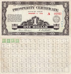 Sheet titled "Prosperity Certificate", "One Dollar" with a series of dates with four "1 Cent" stamps