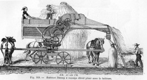 Art depicting horses powering a threshing machine