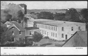 Postcard depicting an Aurora shoe factory