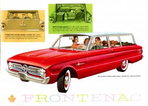 Art for "The two-door Frontenac station wagon – sensible size, amazing economy", with a happy family