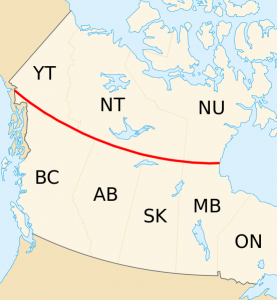 Map of Canada with a line along the southern borders of Yukon, Northwest Territories, and Nunavut
