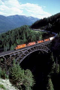 A train crosses over bridge in a mountainous forest