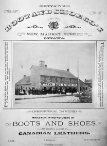 An advertisement for Ottawa "Boot and Shoe Co'Y", the factory and workers in centre