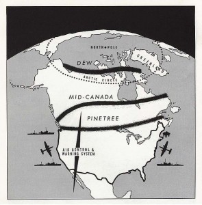 Canada map with "Dew" line through Arctic, "Mid-Canada" along territories, "Pinetree" along border