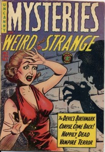 Comic book titled "Mysteries Weird and Strange", with a scared woman cowering from a creepy shadow