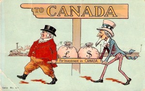 Cartoon with John Bull and Uncle Sam carrying bags of money labeled "For investment in Canada"
