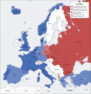 Map of Europe with most of west highlighted as NATO and NATO-aligned and east as Warsaw Pact nations