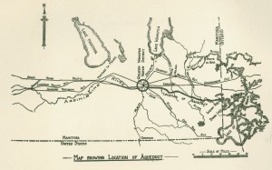 A map showing railways and an aqueduct extending east and west from Winnipeg