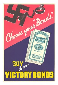 Poster with a swastika in shackles and "Dominion of Canada" bonds