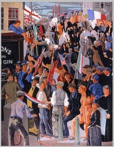 Poster with a dense crowd of people carrying various national flags