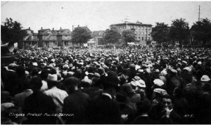 A dense, massive crowd gathered in a park