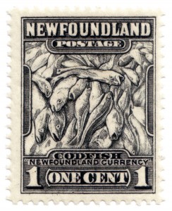 A stamp with cod reading "Newfoundland Postage - Codfish - Newfoundland Currency - One Cent"