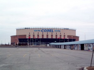 Stadium with signage reading "Corel Centre"