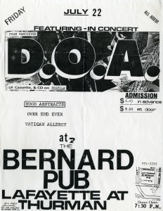 Simple concert poster for the band D.O.A. with a hand-drawn map to the venue and other details