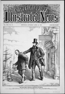 Paper titled "Canadian Illustrated News", with a man pushing another toward a ship