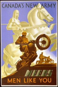 Poster with a soldier on a motorcycle in the foreground and a knight on a horse in the background