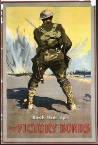Poster with a soldier reading, "Back Him Up! Buy Victory Bonds"