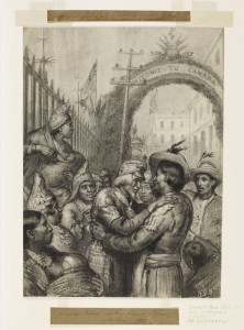 Drawing of a group of people beside an arch reading "Welcome to Canada"