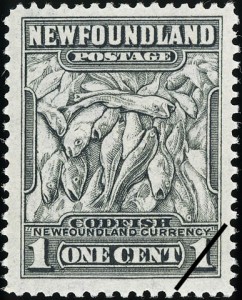 One-cent stamp picturing a mass of cod and reading "Newfoundland Postage"