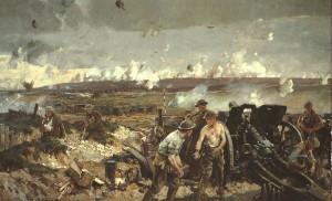 Art depicting soldiers with heavy artillery on a battlefield