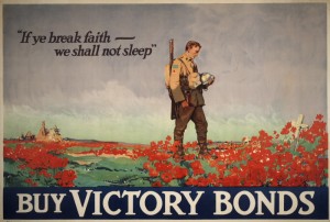 Art depicting a man paying respects at a cross among poppies