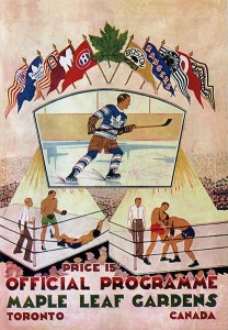 Ad with a hockey player and boxers reading "Official Programme Maple Leaf Gardens"