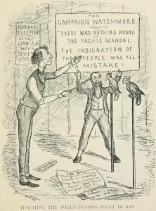 "Teaching the Polly-ticians What to Say" depicts Macdonald gesturing at two parrots with human heads