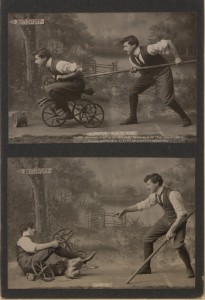 Photos of a man pushing another man off a tricycle with a stick titled "A Century Run or Bust"