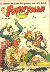 "Funnyman" comic book cover with a clownish man's mechanical boxing glove hitting another man’s face