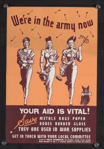Poster reading “We’re in the army now!” with three women and a dog carrying miscellaneous items