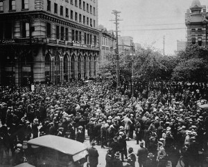 A crowd gathered in a street