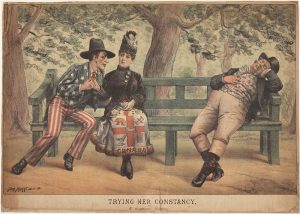 A comic titled "Trying Her Constancy" depicts Uncle Sam tempting Miss Canada