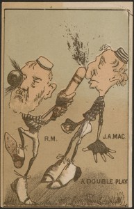 "A Double Play" drawing depicts Robert Moffat hitting John A. Macdonald with a baseball bat