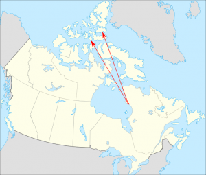 Map of Canada with arrows extending from northern Quebec into northern Nunavut