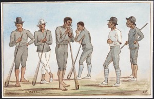 Watercolour of men holding lacrosse sticks