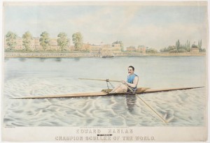 Art depicting a man rowing a small, narrow boat