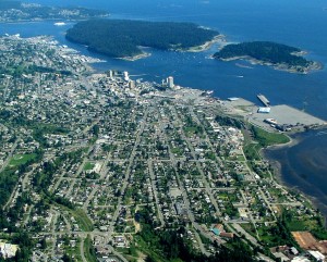 Aerial view of waterfront suburban city