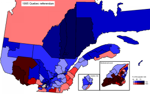 Quebec map with referendum "yes" votes strong in rural areas and "no" votes stronger elsewhere