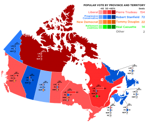Map of Canada showing support for Trudeau liberals divided, with weaker support in the Yukon, Prairies, and east coast provinces